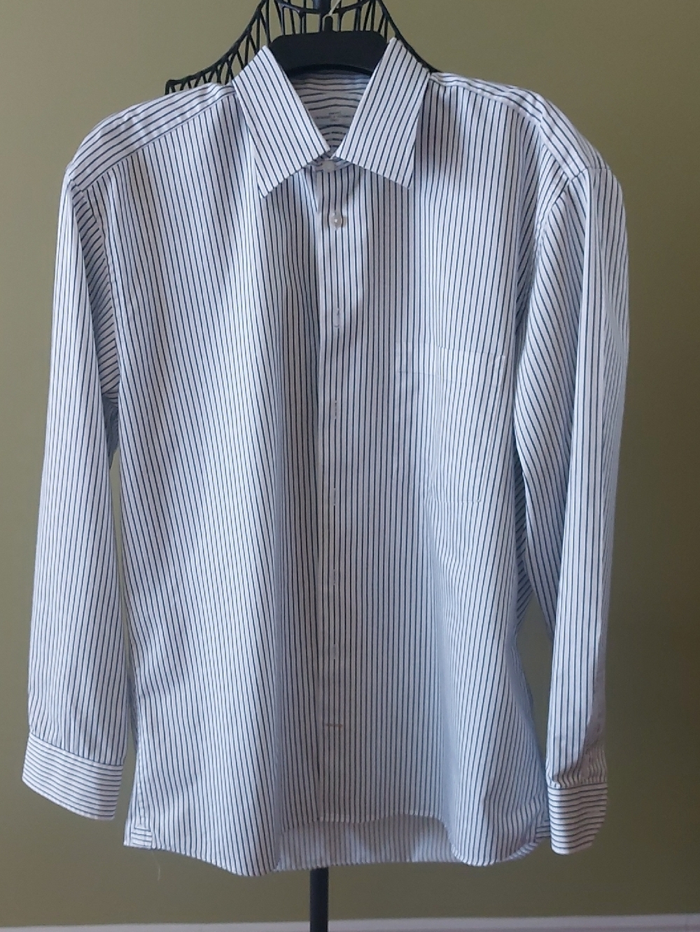 Men's White Dress Shirt with Navy Pinstripes